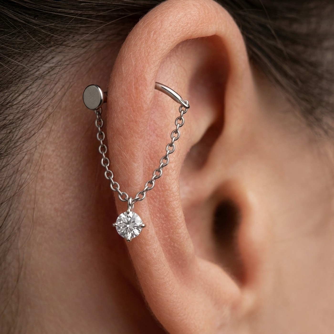 Flat Back Stud Earrings Absolute Hidden Helix Crystal Chain Drop Ear in F136 Titanium