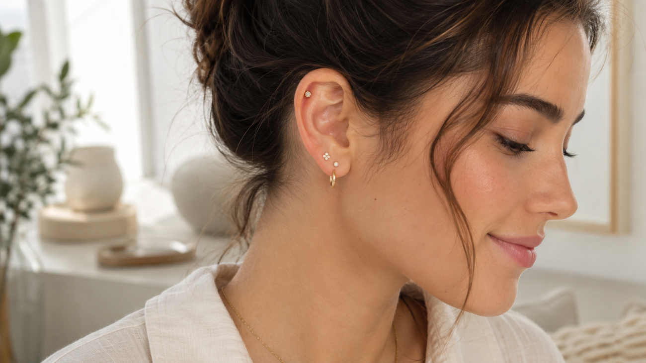 close up of a healing earlobe piercing with a delicate stud earring