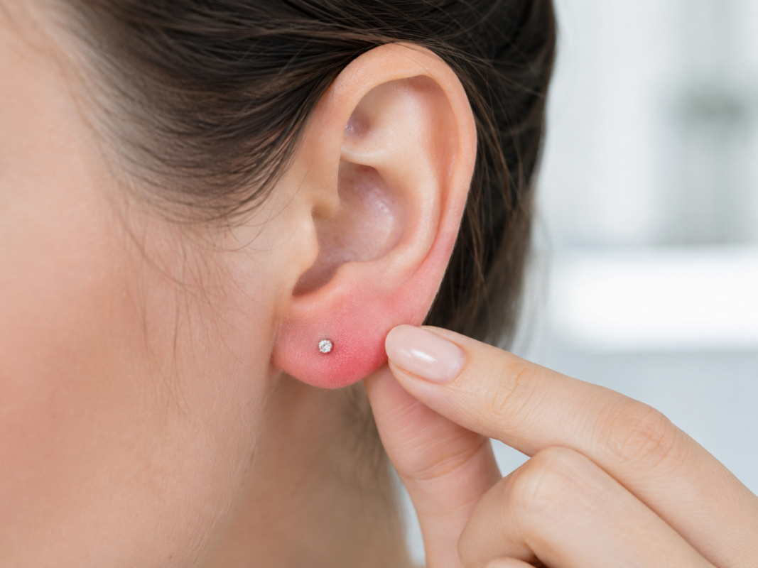 close up of earring allergy symptoms on a swollen earlobe