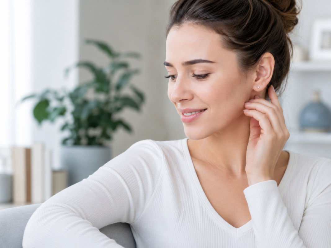 healed ears wearing hypoallergenic earrings for sensitive skin