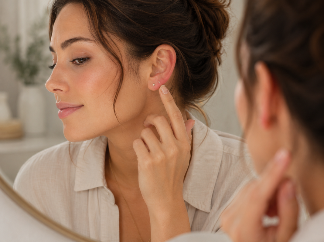 woman checking a healing ear piercing in the mirror before changing earrings