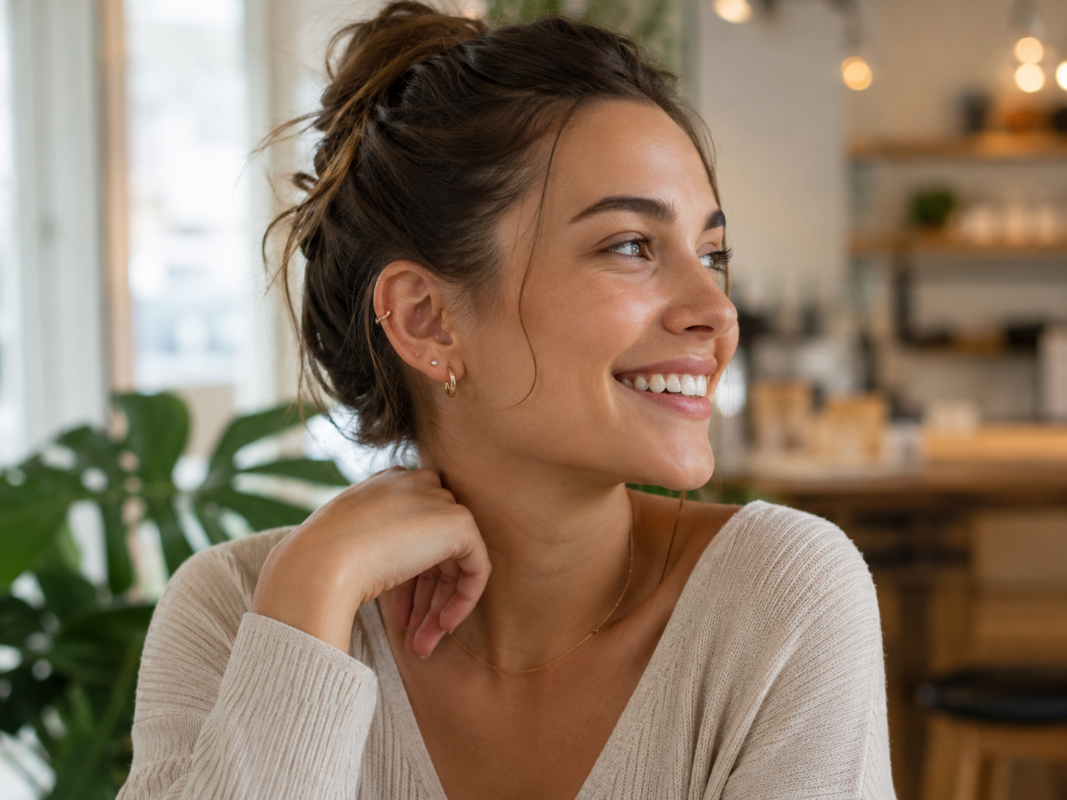 woman wearing titanium earrings for sensitive ears