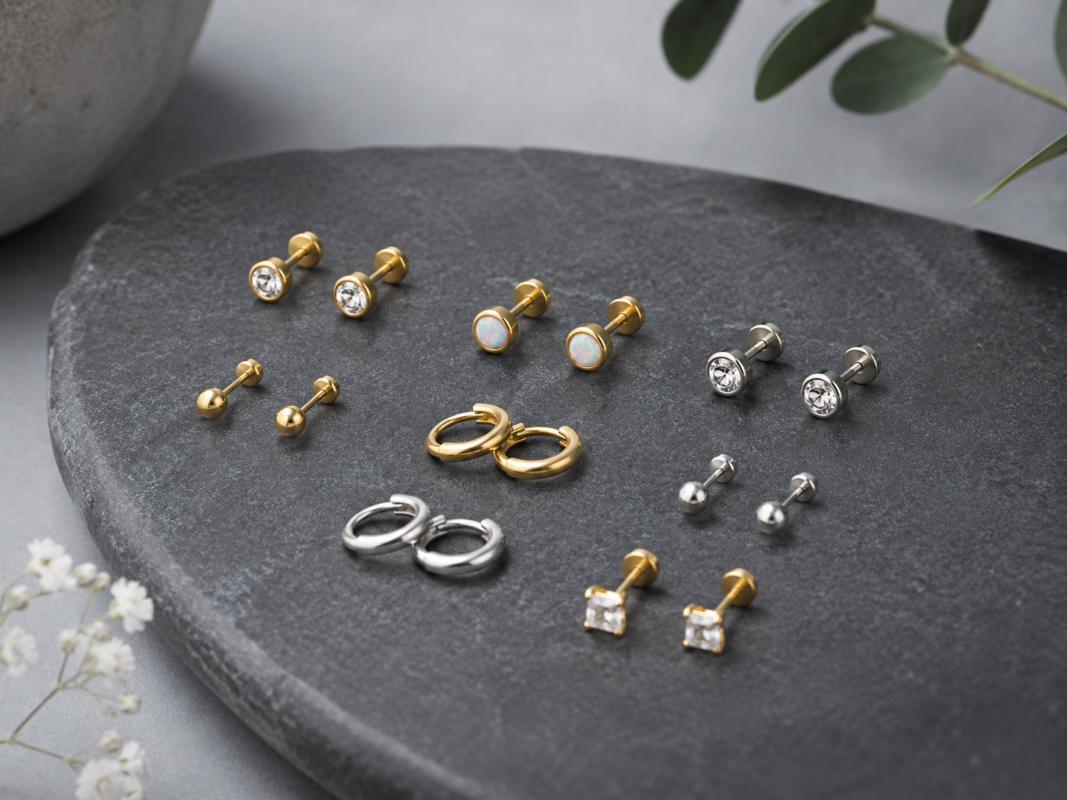 minimal jewelry flat lay with hypoallergenic earrings for healing piercings