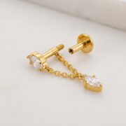 Flat Back Earrings Gold Double Chain Crystal Drop in F136 Titanium - detail angle