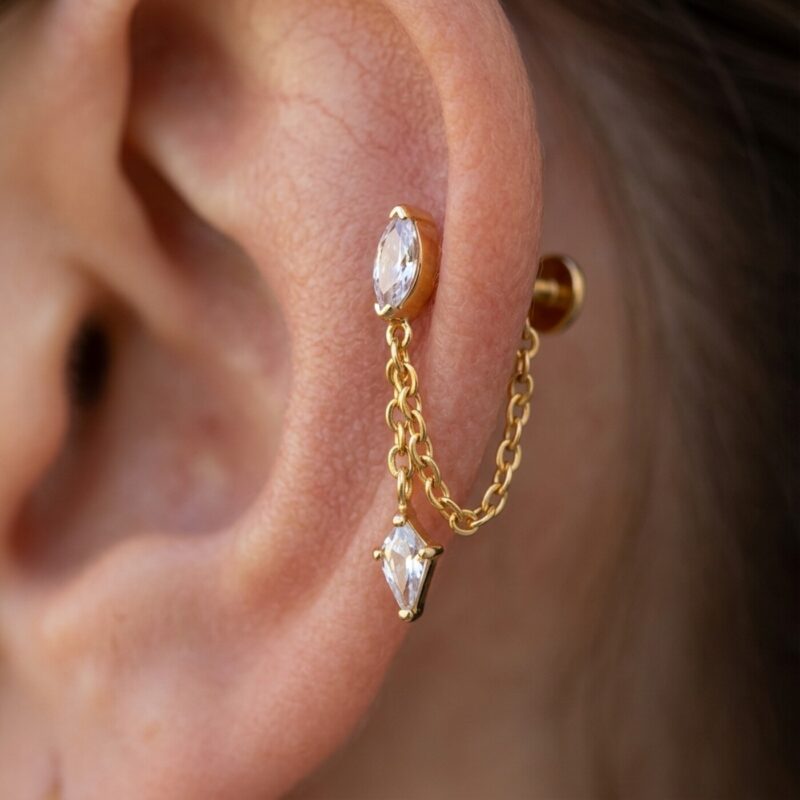 Flat Back Earrings Gold Double Chain Crystal Drop in F136 Titanium - on-ear closeup
