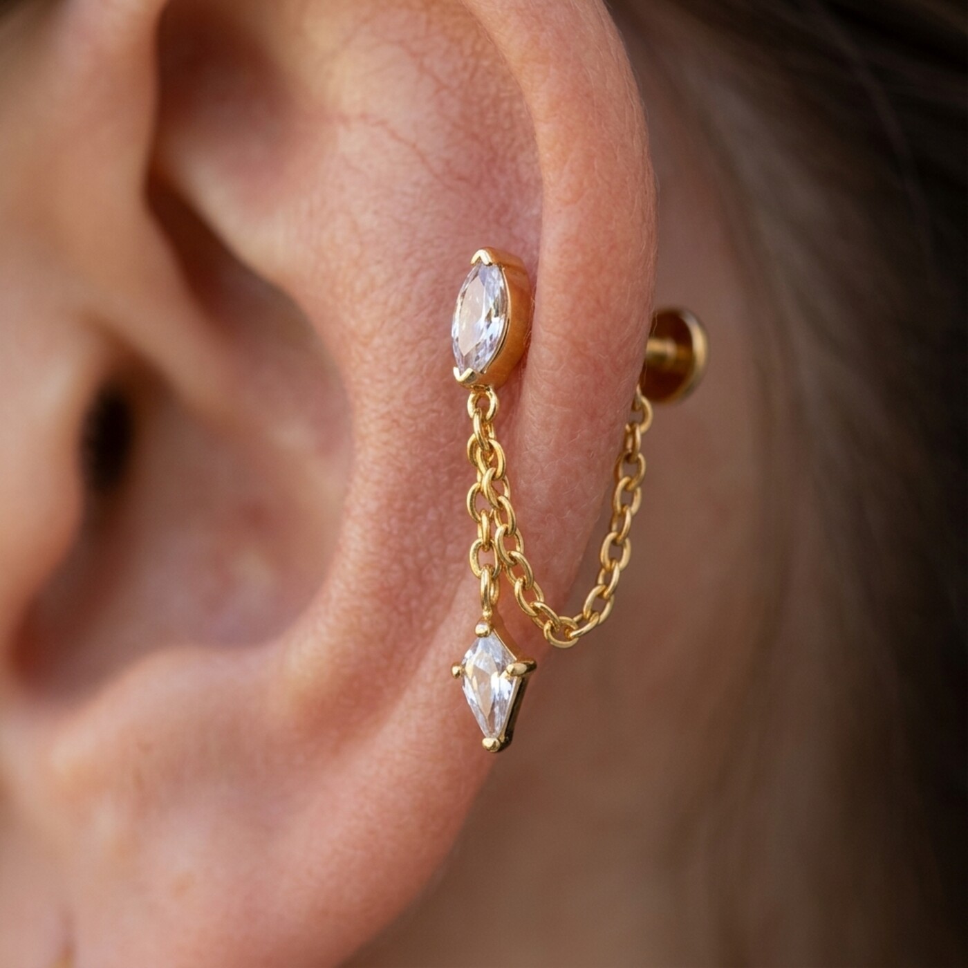 Flat Back Earrings Gold Double Chain Crystal Drop in F136 Titanium - on-ear closeup