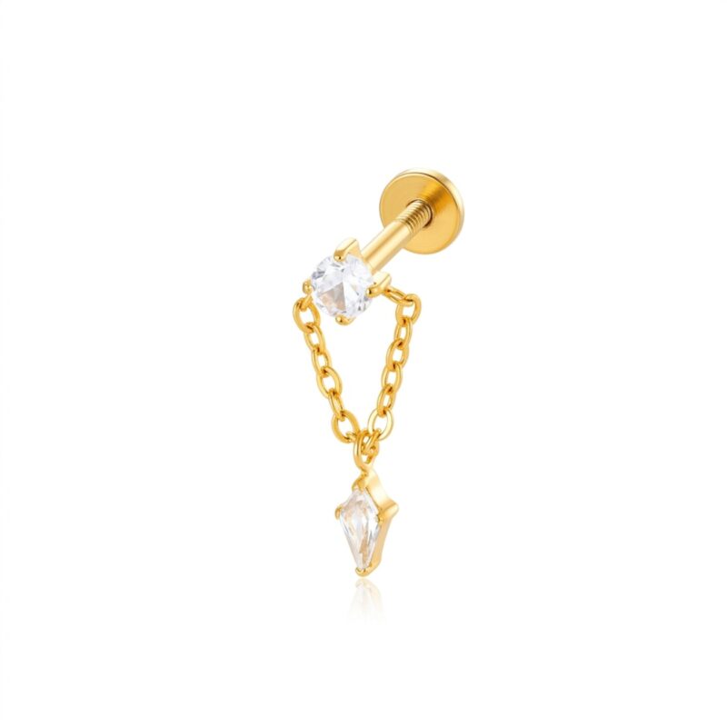 Flat Back Earrings Gold Double Chain Crystal Drop in F136 Titanium - white background product photo