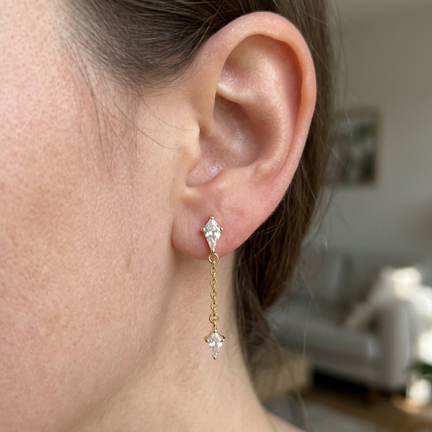 Flat Back Earrings Gold Kite Crystal Linked Drop in F136 Titanium - on-ear closeup