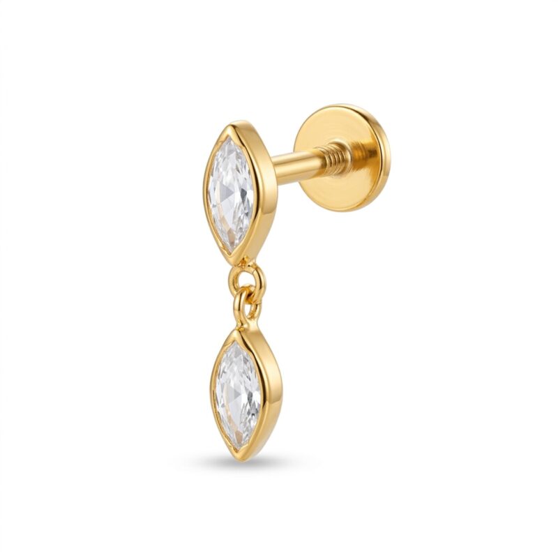Flat Back Earrings Gold Kite Crystal Linked Drop in F136 Titanium - white background product photo