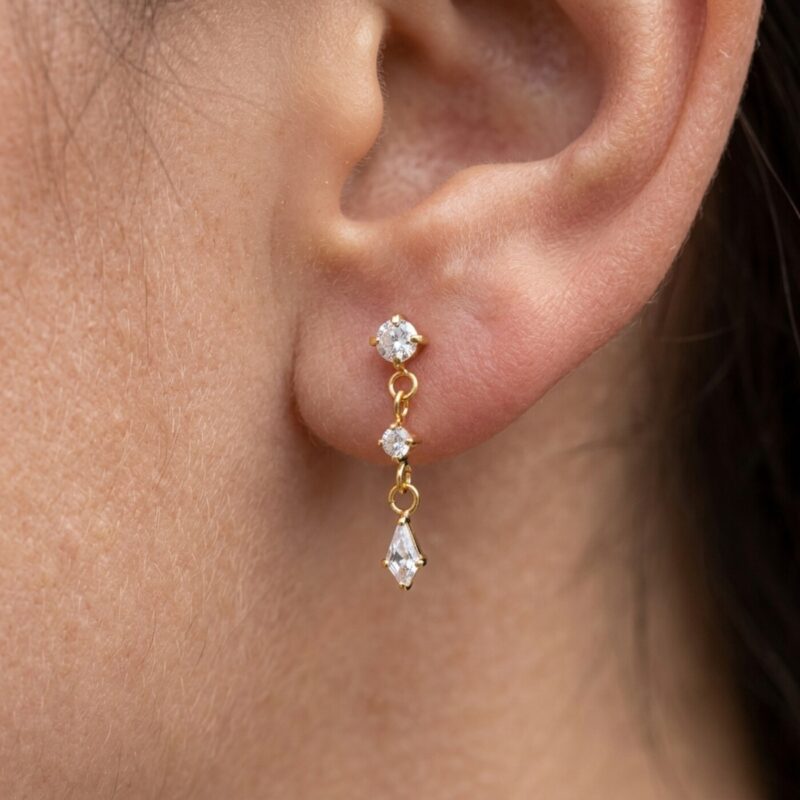 Flat Back Earrings Gold Linear Crystal Drop in F136 Titanium - on-ear closeup