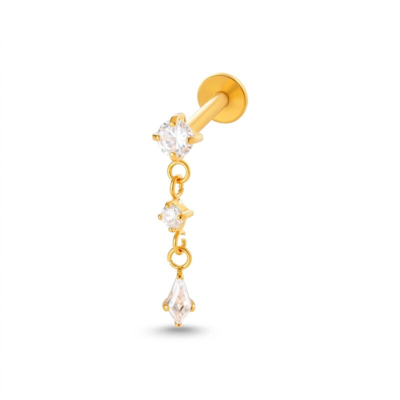 Flat Back Earrings Gold Linear Crystal Drop in F136 Titanium - white background product photo