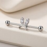 G23 Titanium Bunny Crystal Industrial Barbell Earring in Silver - detail angle