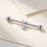 G23 Titanium Cherry Crystal Industrial Barbell Earring in Silver - soft flatlay