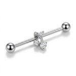 G23 Titanium Cherry Crystal Industrial Barbell Earring in Silver - white background product photo