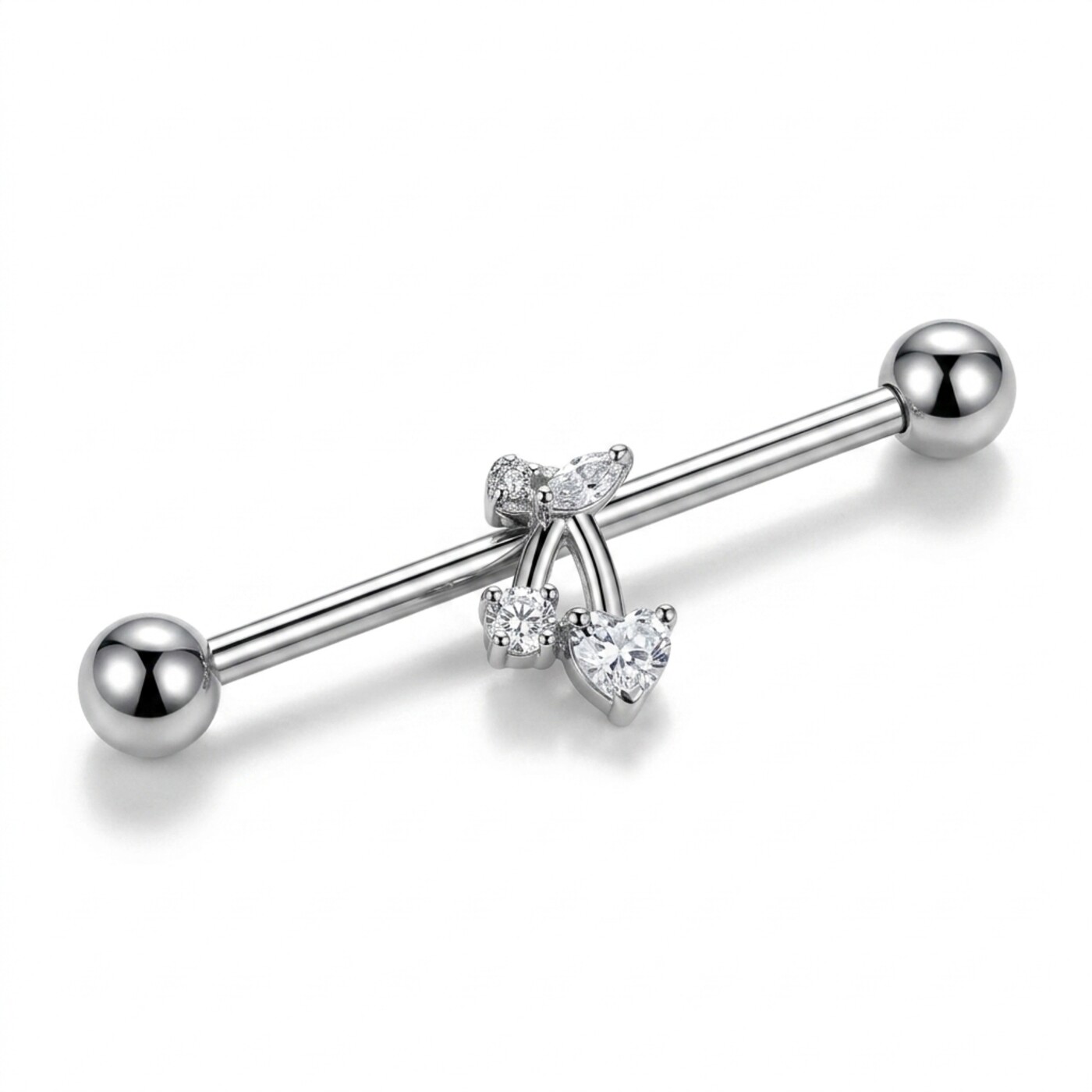 G23 Titanium Cherry Crystal Industrial Barbell Earring in Silver - white background product photo
