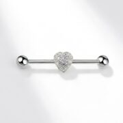 G23 Titanium Double Heart Industrial Barbell Earring in Silver - detail angle
