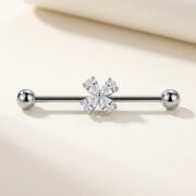 G23 Titanium Four-Petal Crystal Industrial Barbell Earring in Silver - detail angle