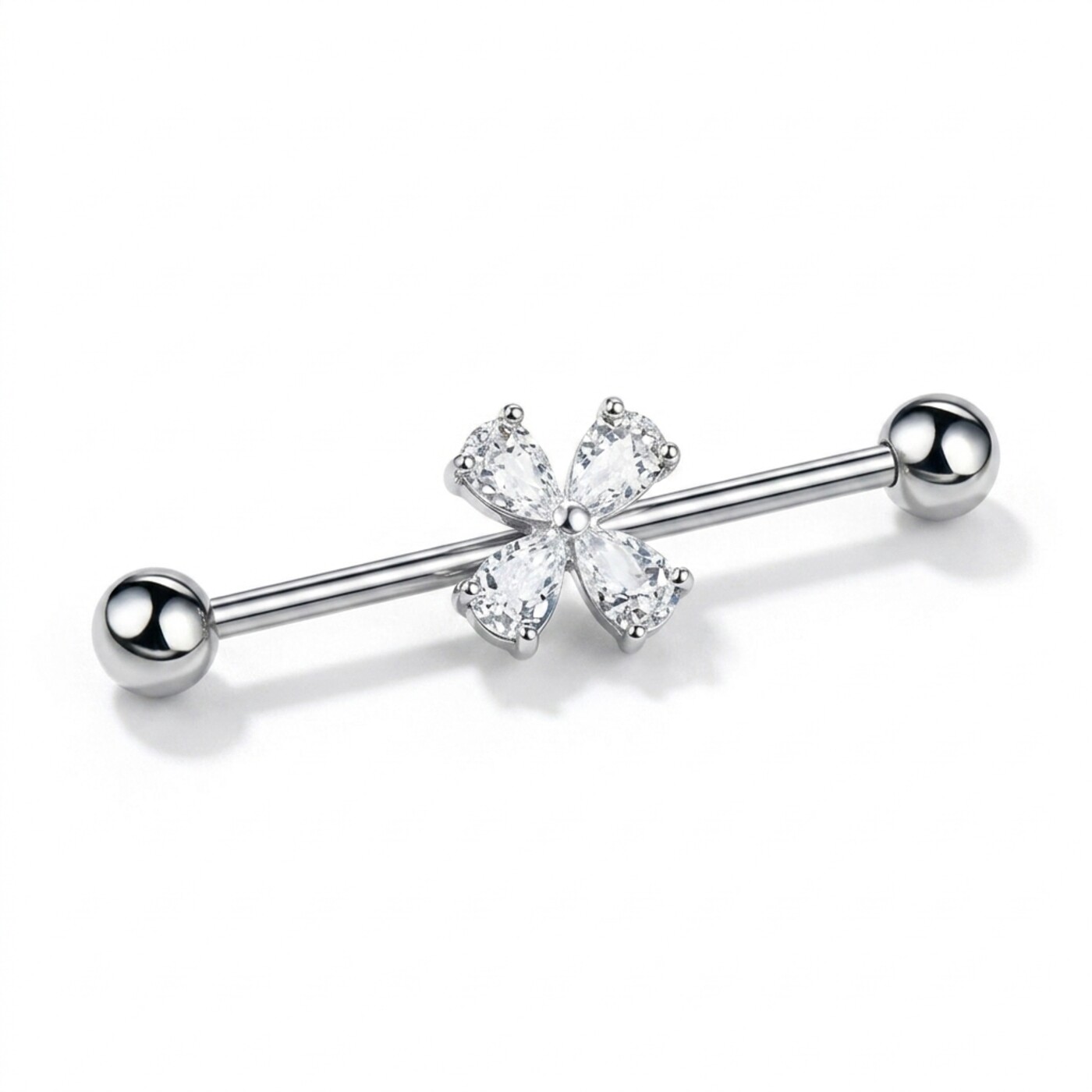 G23 Titanium Four-Petal Crystal Industrial Barbell Earring in Silver - white background product photo