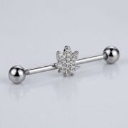 G23 Titanium Maple Leaf Crystal Industrial Barbell Earring in Silver - detail angle