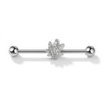 G23 Titanium Maple Leaf Crystal Industrial Barbell Earring in Silver - white background product photo