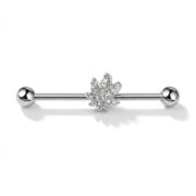 G23 Titanium Maple Leaf Crystal Industrial Barbell Earring in Silver - white background product photo