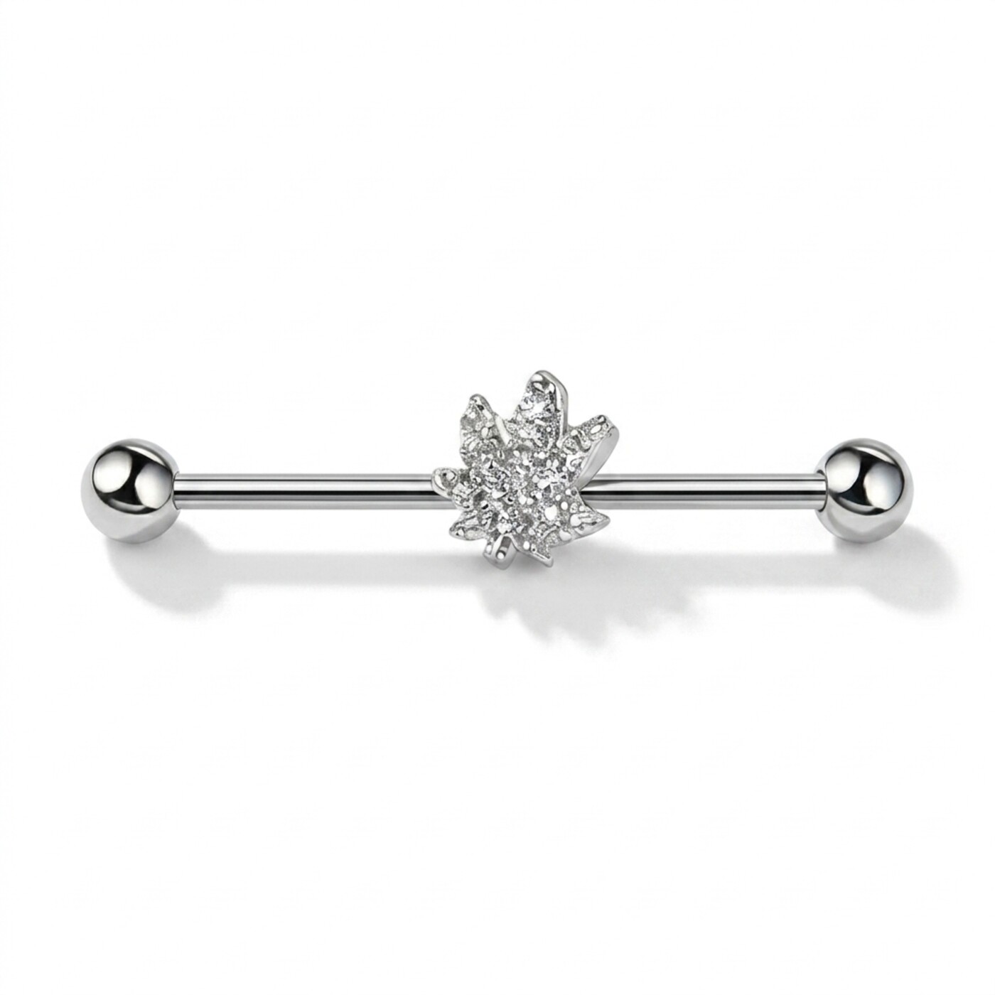 G23 Titanium Maple Leaf Crystal Industrial Barbell Earring in Silver - white background product photo
