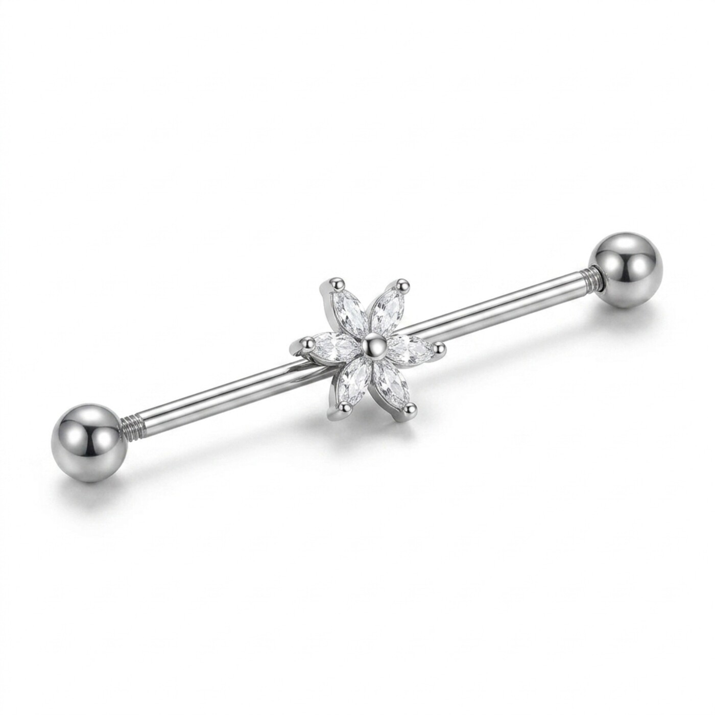 G23 Titanium Six Marquise Flower Industrial Barbell Earring in Silver - white background product photo