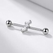G23 Titanium Three Baguette Industrial Barbell Earring in Silver - detail angle