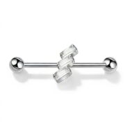 G23 Titanium Three Baguette Industrial Barbell Earring in Silver - secondary white background product photo