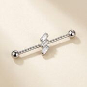 G23 Titanium Three Baguette Industrial Barbell Earring in Silver - soft flatlay
