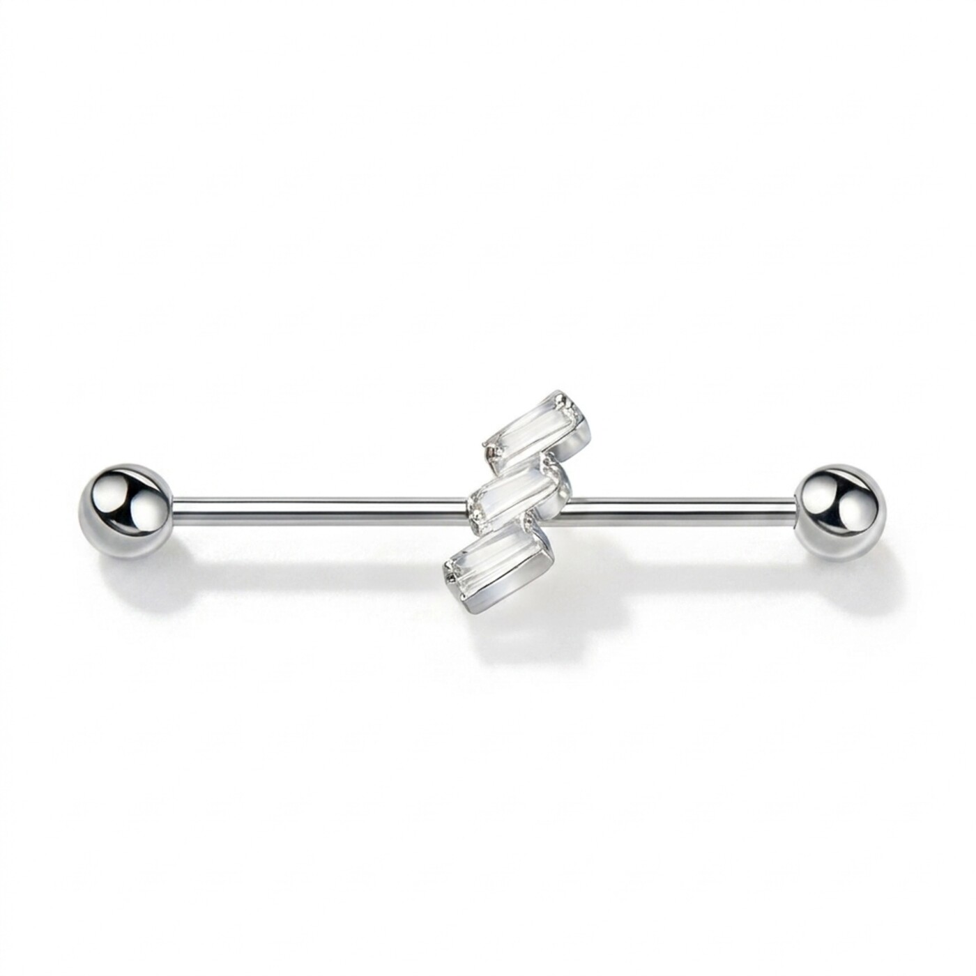 G23 Titanium Three Baguette Industrial Barbell Earring in Silver - white background product photo