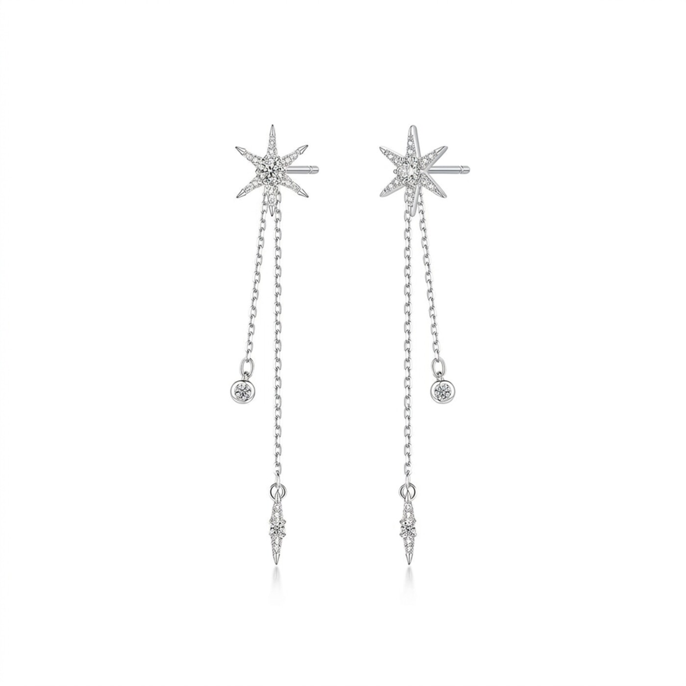 S925 Silver Celestial Star Chain Drop Stud Earrings - white background product photo