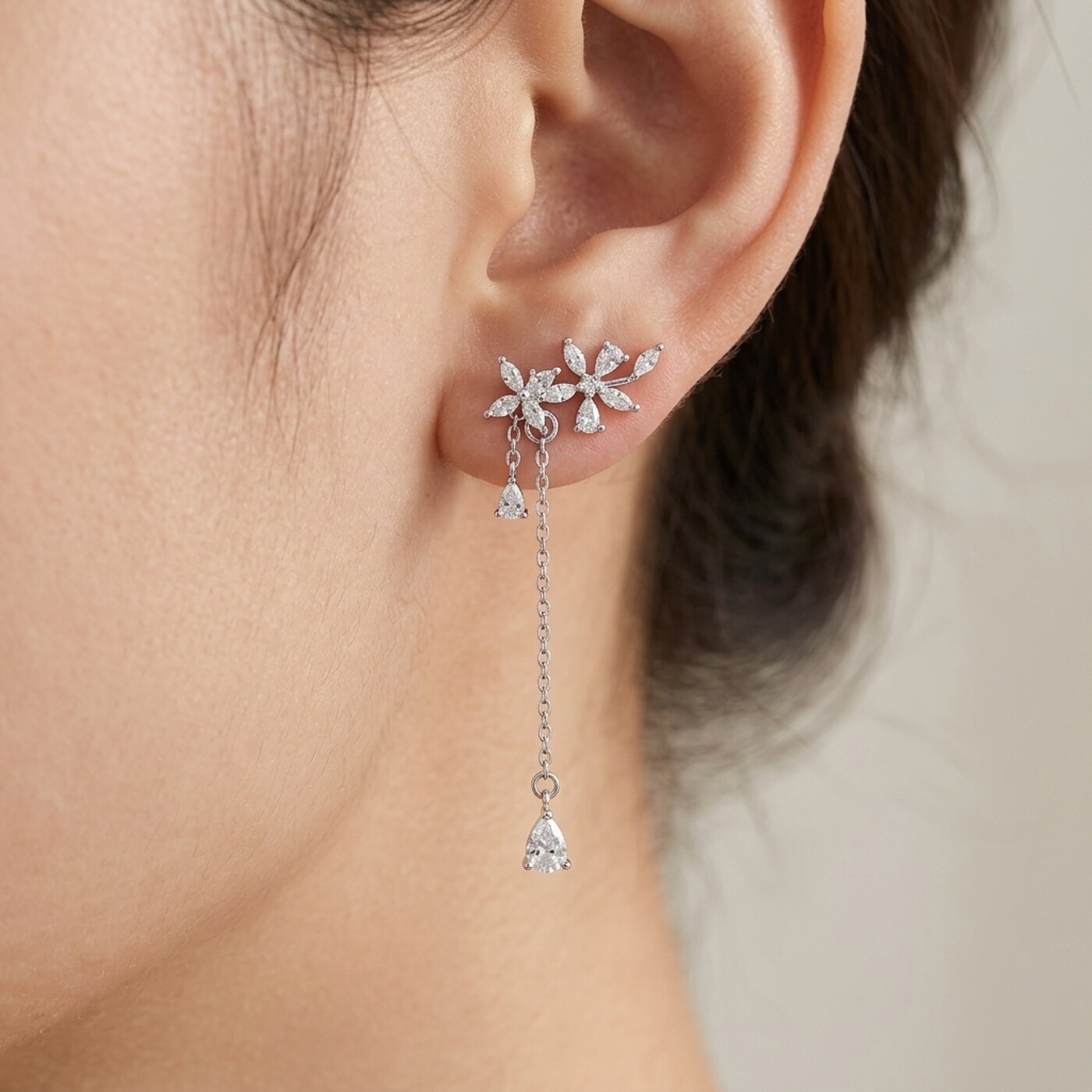 S925 Silver Floral Vine Chain Drop Stud Earrings - on-ear closeup