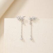 S925 Silver Floral Vine Chain Drop Stud Earrings - soft flatlay