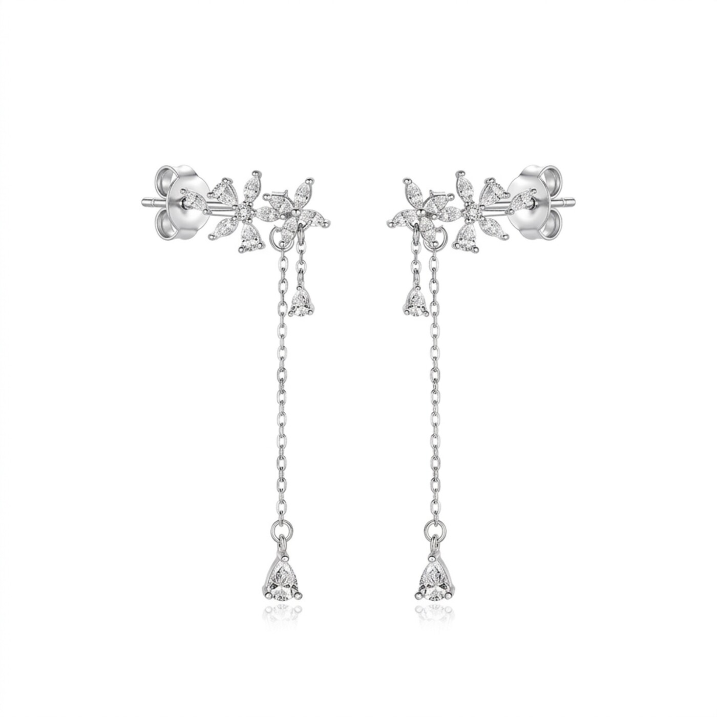 S925 Silver Floral Vine Chain Drop Stud Earrings - white background product photo