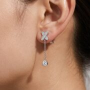 S925 Silver Full Diamond X Chain Drop Stud Earrings - on-ear closeup