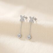 S925 Silver Full Diamond X Chain Drop Stud Earrings - soft flatlay