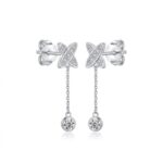 S925 Silver Full Diamond X Chain Drop Stud Earrings - white background product photo