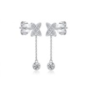 S925 Silver Full Diamond X Chain Drop Stud Earrings - white background product photo