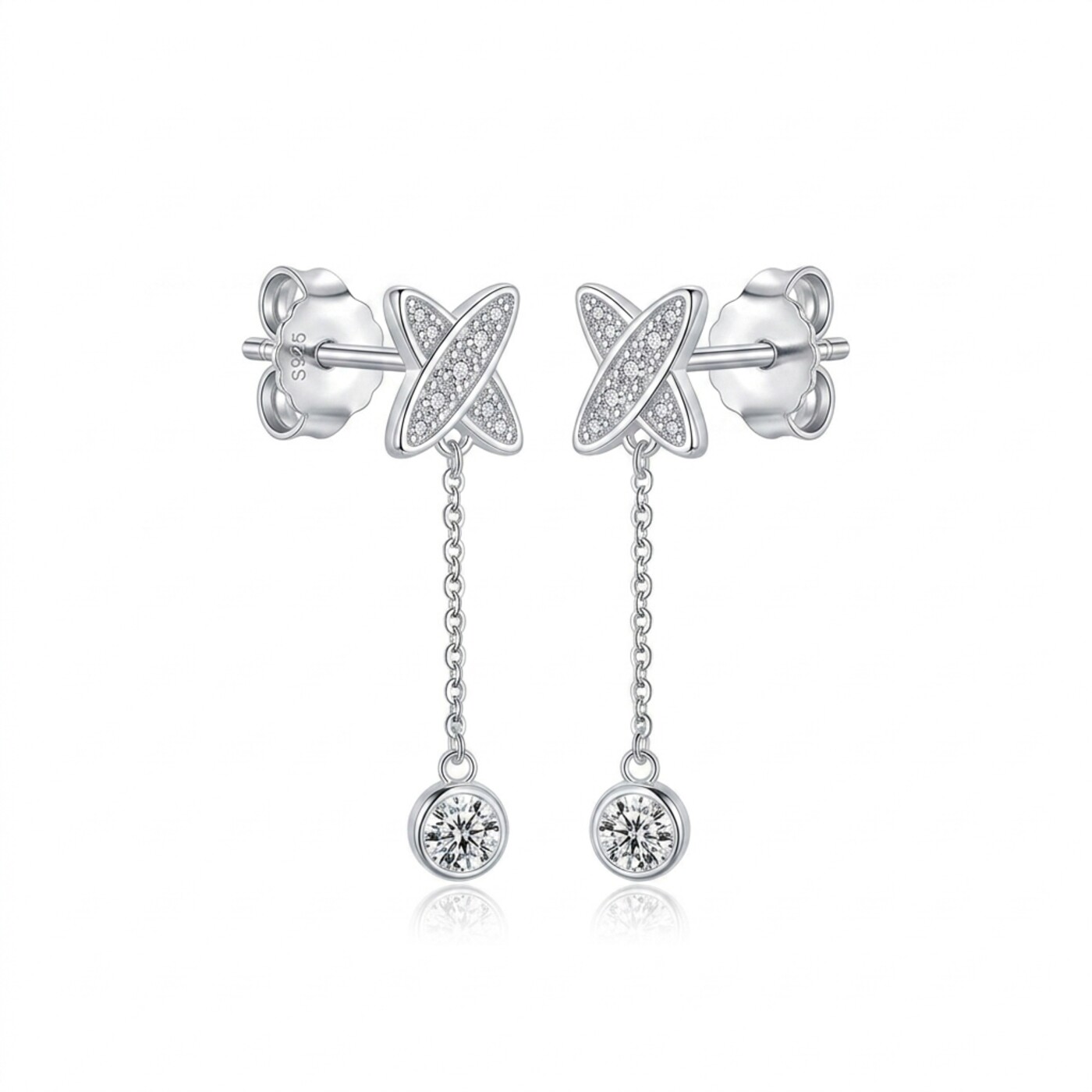 S925 Silver Full Diamond X Chain Drop Stud Earrings - white background product photo