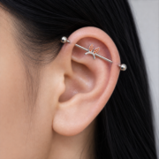 G23 Titanium Bunny Crystal Industrial Barbell Earring worn on ear in clean window daylight