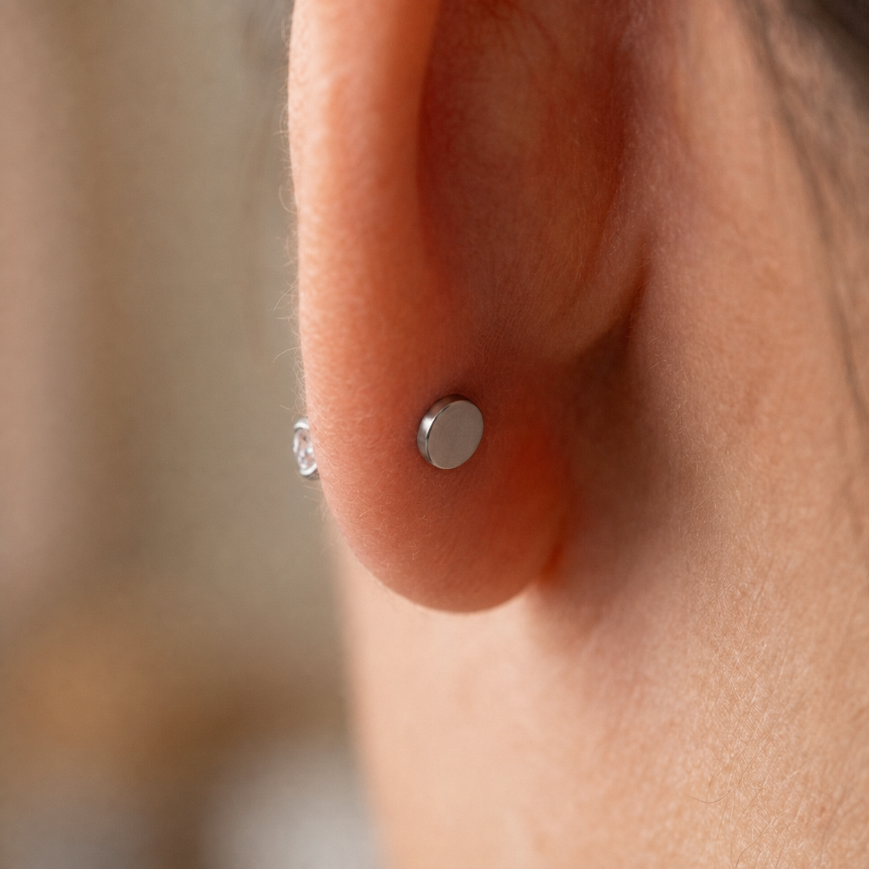 Titanium Stud Earrings Crystal Clear for Sensitive Ears - corrected on-ear product image