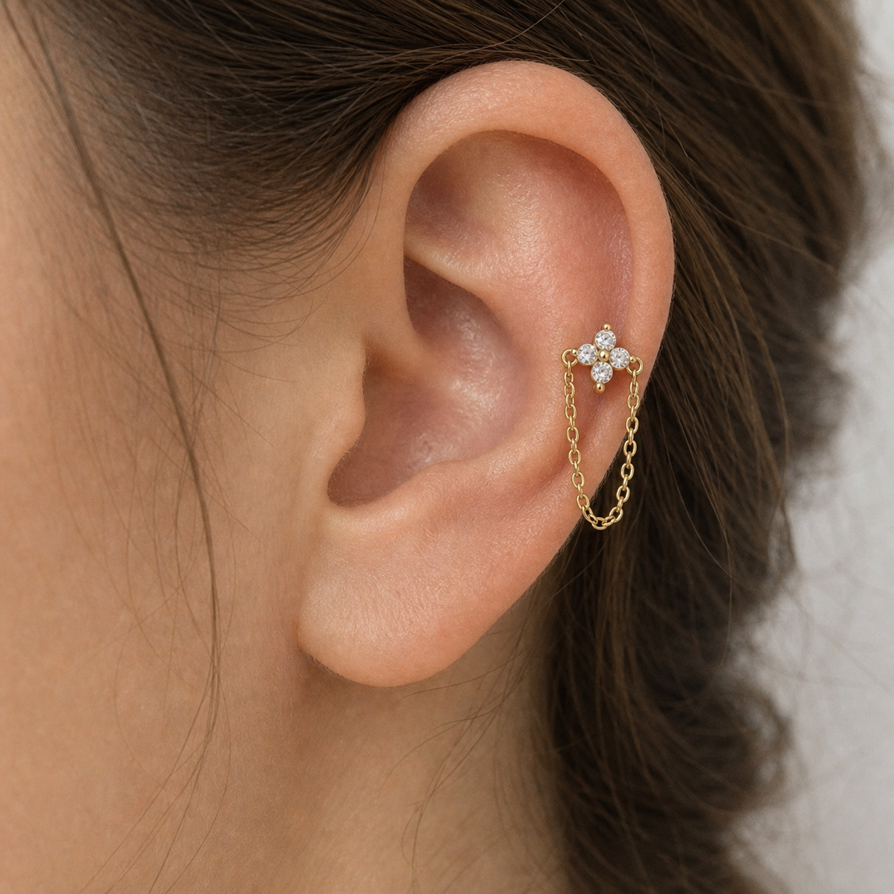 Flat Back Earrings Crystal Chain with S925 Silver - corrected on-ear product image