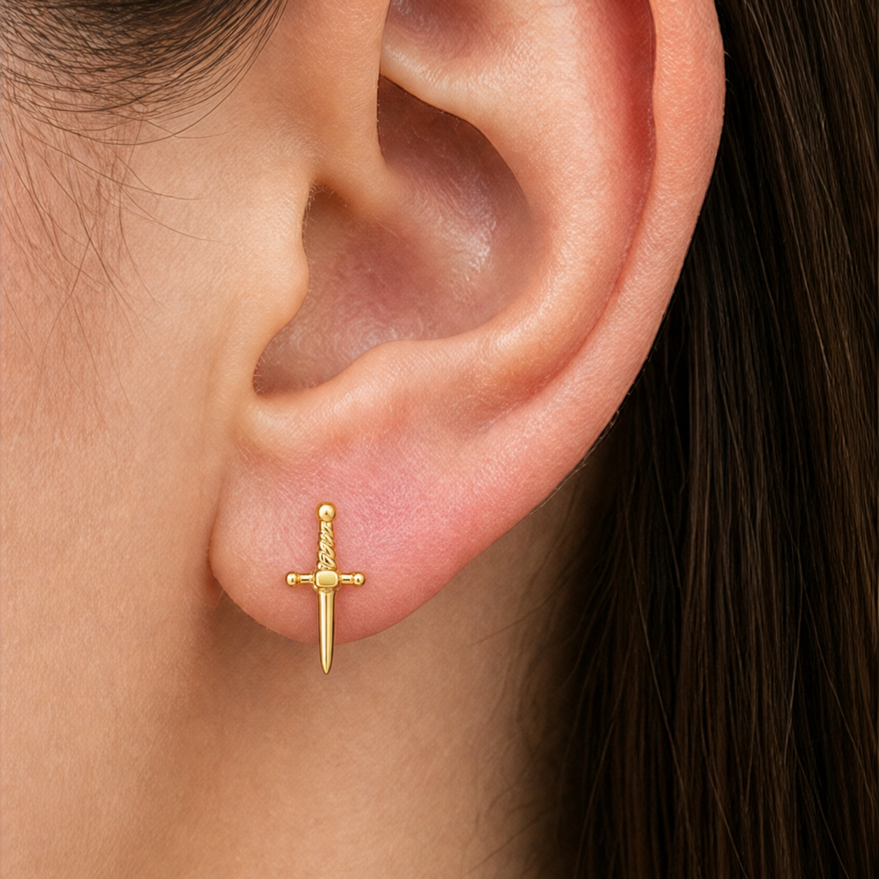Flat Back Stud Earrings Dagger in F136 Titanium - corrected on-ear product image