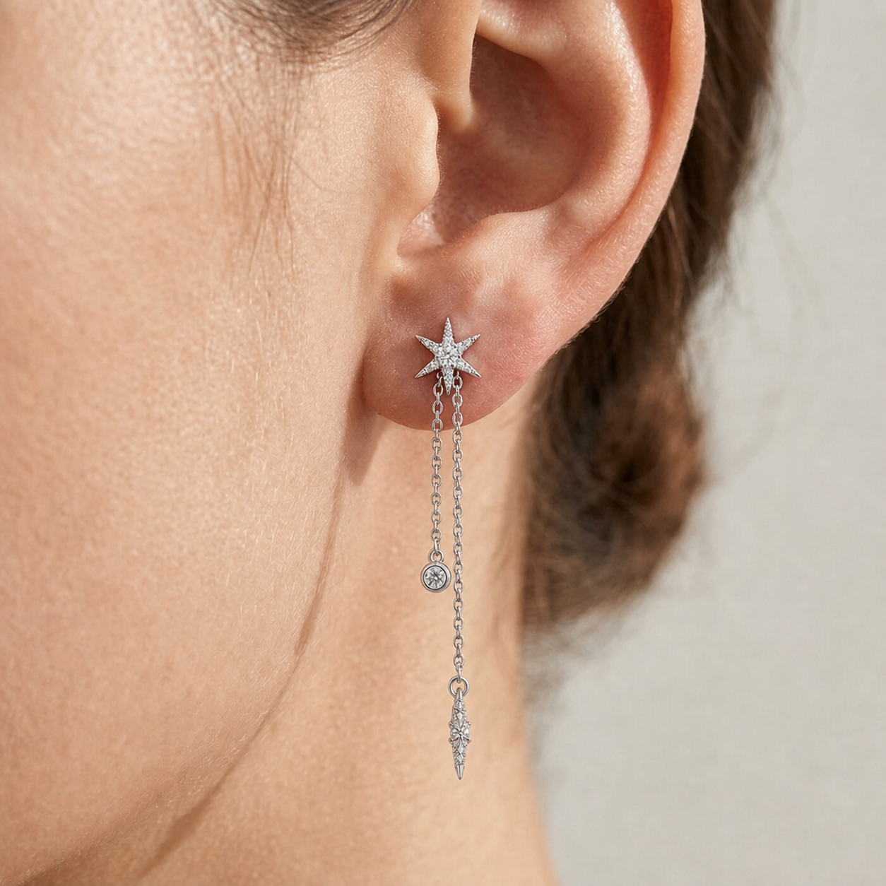 S925 Silver Celestial Star Chain Drop Stud Earrings - corrected on-ear product image