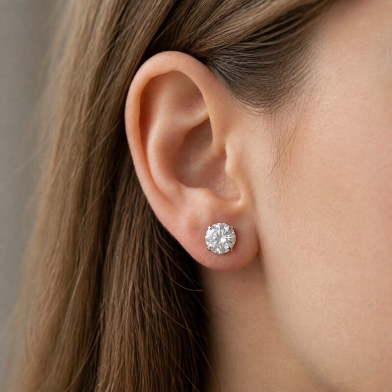 Flat Back Stud Earrings Large Solitaire in F136 Titanium worn on one ear