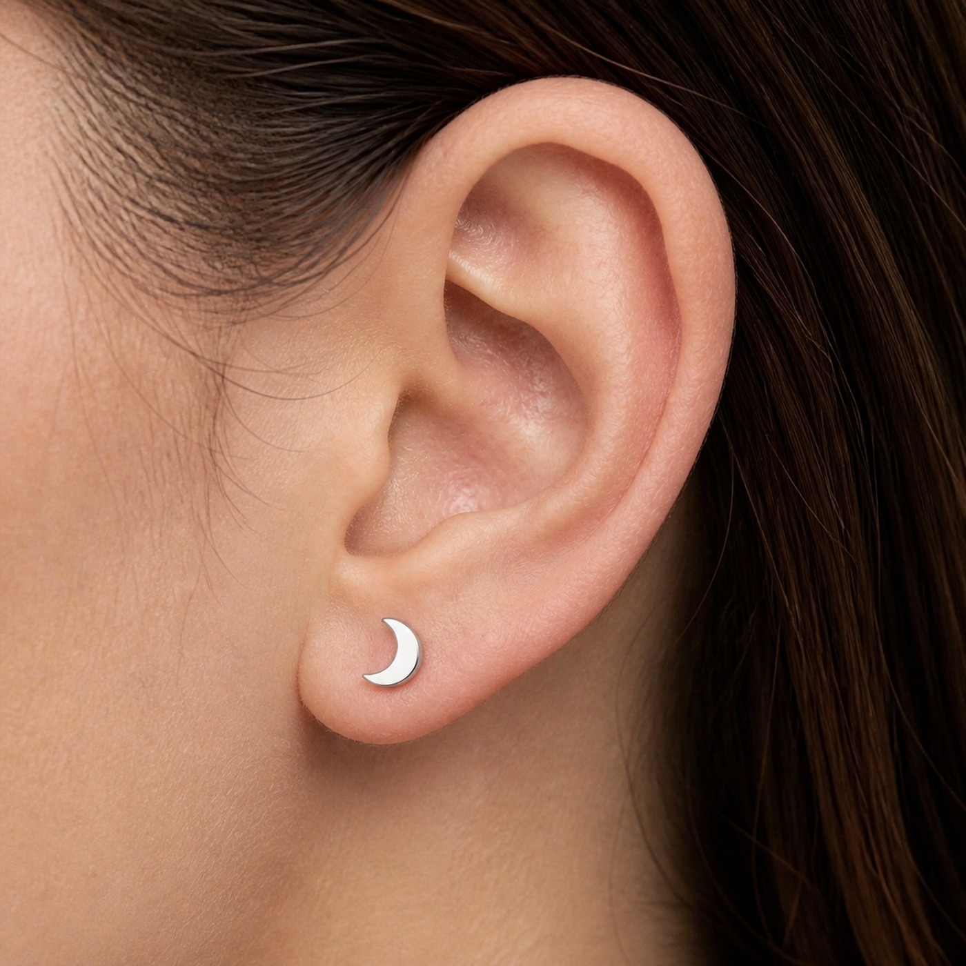 Flat Back Stud Earrings Classic Moon in F136 Titanium worn on one ear
