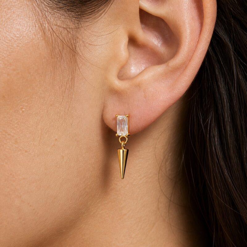 Flat Back Stud Earrings Baguette Crystal Spike Drop in F136 Titanium worn on one ear