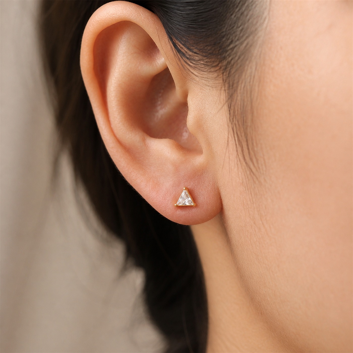 Flat Back Stud Earrings Triangle Crystal in F136 Titanium worn on one ear
