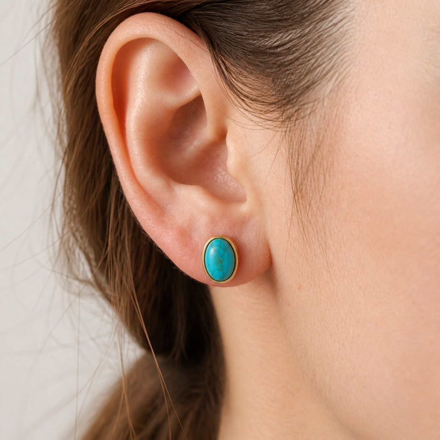 Stud Earrings Turquoise Vintage Oval with S925 Silver worn on one ear